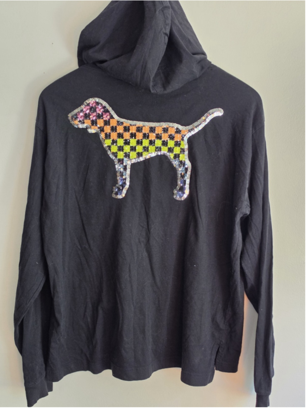 VS PINK Black Rainbow Checker Bling Sequin Dog Pocket Hoodie Tee Top Large EUC